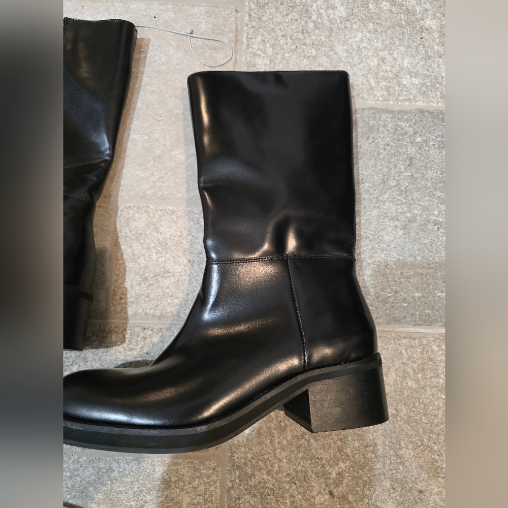 NWOT MNG Mango Leather boots zip closure Long Line Black Heeled 38 7.5 Square - Picture 11 of 11